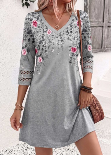 women clothes image of Light Grey Floral Print Short Patchwork Long Sleeve Dress