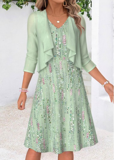 women clothes image of Light Green Geometric Print Two-piece Dress and Cardigan