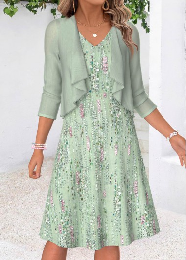 women clothes image of Light Green Geometric Print Two-piece Dress and Cardigan