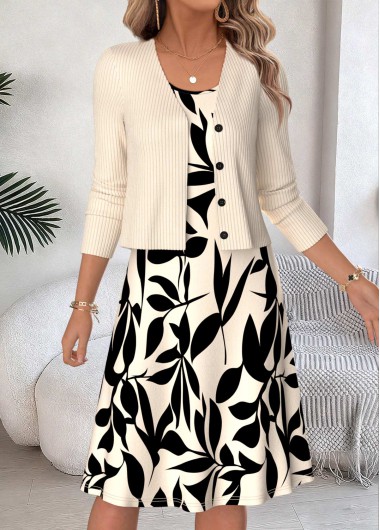 women clothes image of Beige Leaf Print Two-piece Long Sleeve Dress and Cardigan