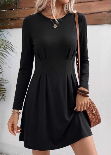 women clothes image of Black Short Tummy Coverage Long Sleeve Round Neck Dress