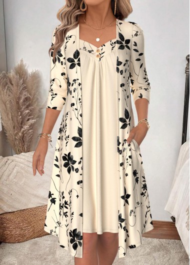 women clothes image of Beige Leaf Print Fake 2in1 Long Sleeve Dress