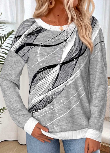 women clothes image of Light Grey Marl Geometric Print Long Sleeve Sweatshirt