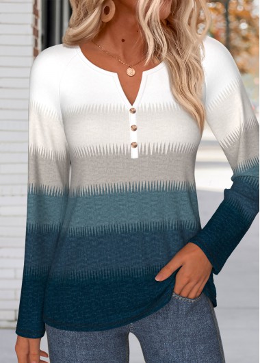 women clothes image of Peacock Blue Ombre Button Long Sleeve T Shirt