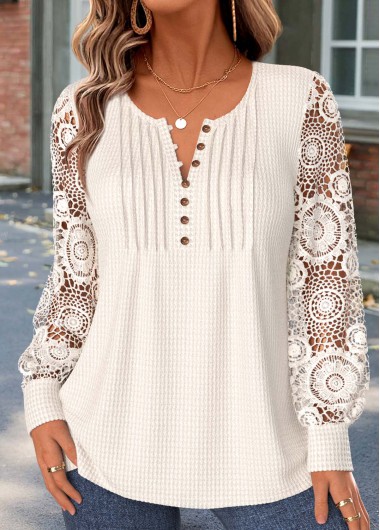 women clothes image of Beige Tuck Stitch Long Sleeve Split Neck T Shirt