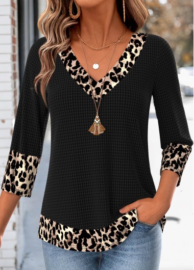 women clothes image of Black Leopard 3/4 Sleeve V Neck T Shirt