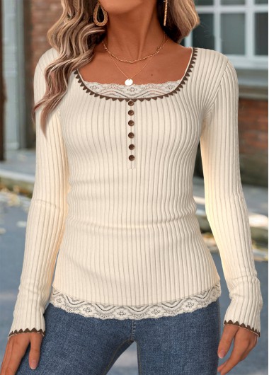 women clothes image of Beige Patchwork Long Sleeve Square Neck T Shirt
