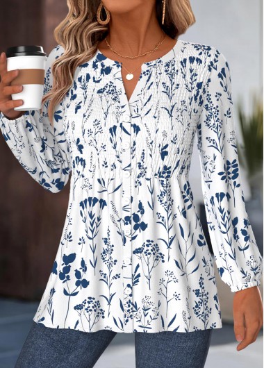 women clothes image of Navy Floral Print Smocked Long Sleeve Split Neck Blouse