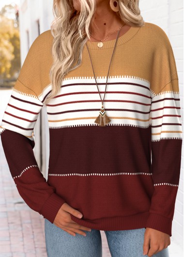 women clothes image of Dark Coffee Striped Long Sleeve Round Neck Sweatshirt