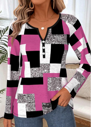 women clothes image of Multi Color Geometric Print Button Long Sleeve T Shirt