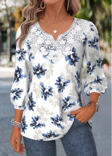 women clothes image of Blue Floral Print Curved Hem 3/4 Sleeve Blouse