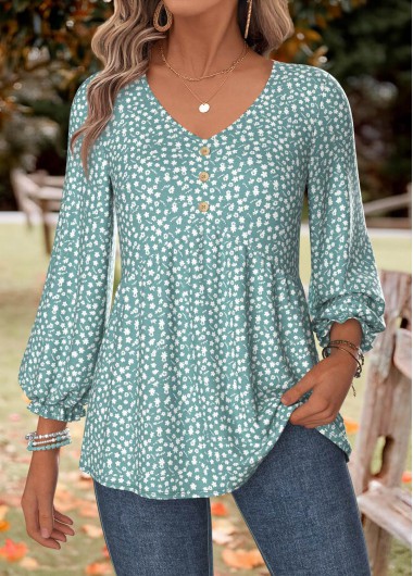 women clothes image of Green Ditsy Floral Print Shirred 3/4 Sleeve Blouse