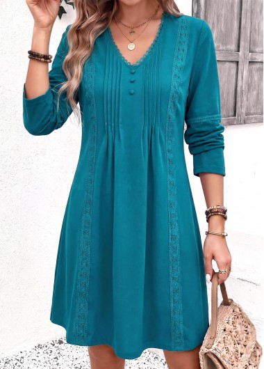 women clothes image of Turquoise Short Tuck Stitch Long Sleeve V Neck Dress