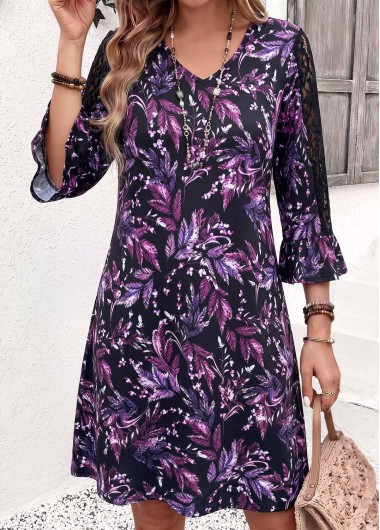 women clothes image of Purple Leaf Print Short Patchwork 3/4 Sleeve Dress