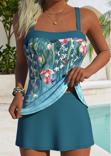 women clothes image of Turquoise Mid Waisted Floral Print Tankini Set