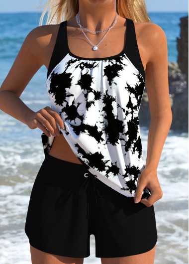 women clothes image of Black Mid Waisted Patchwork Tie Dye Print Tankini Set