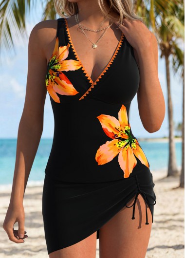 women clothes image of Black Mid Waisted Surplice Floral Print Tankini Set
