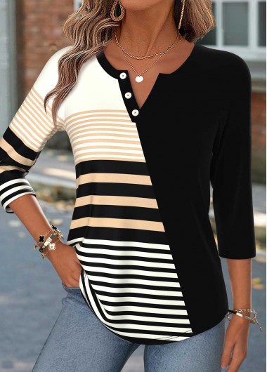 women clothes image of Black Striped Curved Hem 3/4 Sleeve T Shirt