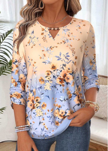 women clothes image of Multi Color Floral Print Shirred 3/4 Sleeve Blouse