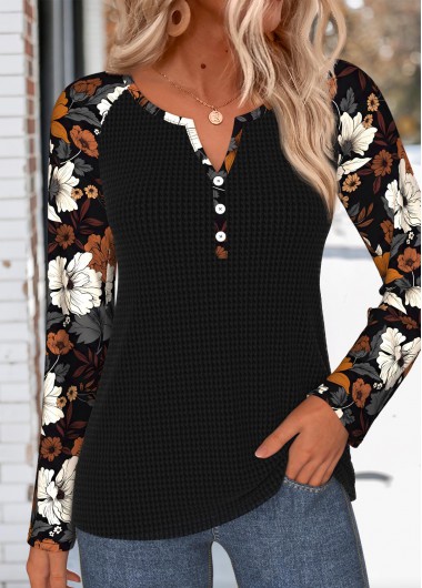 women clothes image of Black Floral Print Button Long Sleeve T Shirt