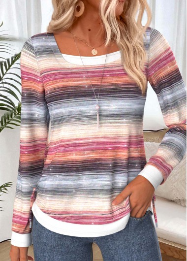 women clothes image of Multi Color Striped Fake 2in1 Long Sleeve T Shirt