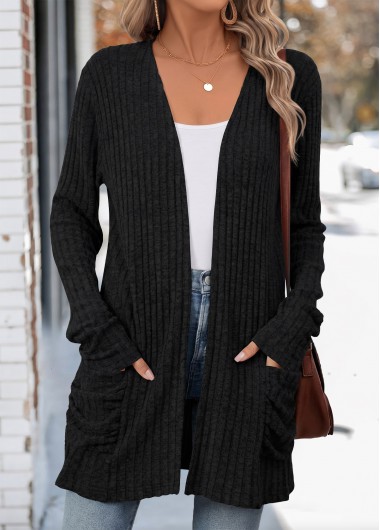 women clothes image of Black Patch Pocket Long Sleeve Knit Cardigan