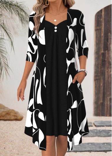 women clothes image of Black Geometric Print Fake 2in1 3/4 Sleeve Dress
