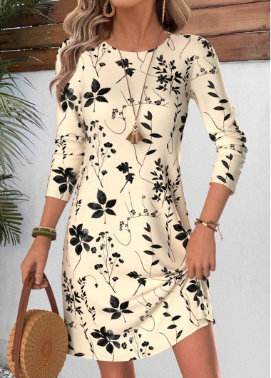 women clothes image of Beige Leaf Print Short Tummy Coverage Long Sleeve Dress