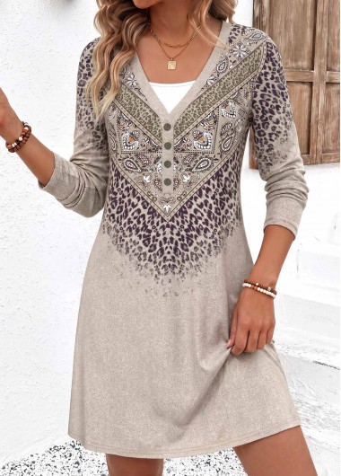 women clothes image of Gray Brown Tribal Print Short Fake 2in1 Dress