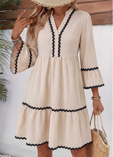 women clothes image of Beige Patchwork 3/4 Sleeve Split Neck Dress