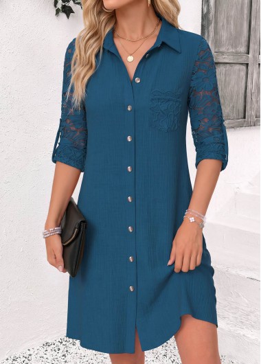women clothes image of Peacock Blue Short Patchwork Long Sleeve Shirt Collar Dress
