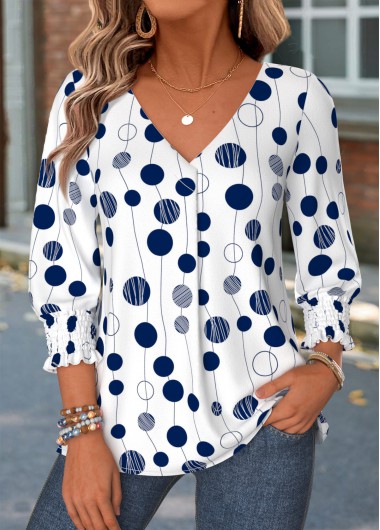women clothes image of Navy Geometric Print Curved Hem 3/4 Sleeve Blouse
