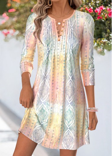 women clothes image of Multi Color Geometric Print Short Tuck Stitch Dress