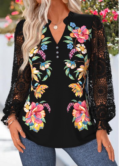 women clothes image of Black Floral Print Curved Hem Long Sleeve Blouse