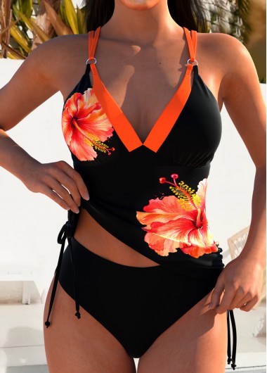 women clothes image of Black Mid Waisted Floral Print Tankini Set