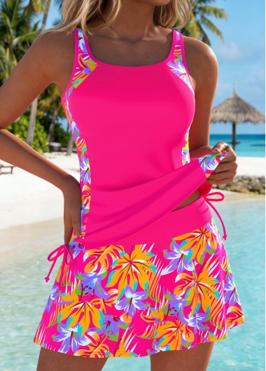 women clothes image of Orange Mid Waisted Bowknot Floral Print Tankini Set