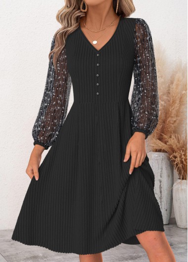 women clothes image of Black Patchwork Long Sleeve V Neck Dress