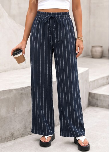 women clothes image of Navy Striped Elastic Waist High Waisted Pants