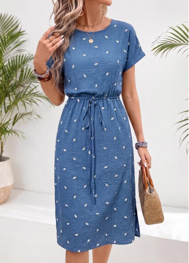 women clothes image of Denim Blue Leaf Print Shirred Short Sleeve Dress