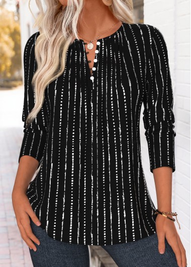 women clothes image of Black Striped Tuck Stitch Long Sleeve T Shirt