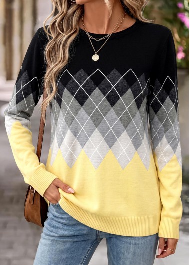 women clothes image of Light Yellow Geometric Print Patchwork Long Sleeve Sweatshirt