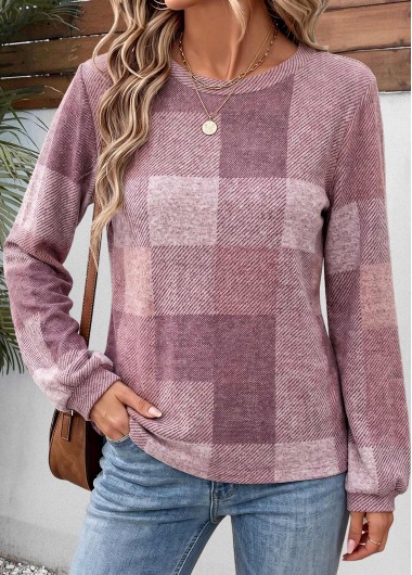 women clothes image of Pink Plaid Patchwork Long Sleeve Round Neck Sweatshirt