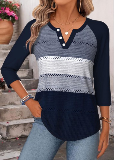 women clothes image of Navy Geometric Print Curved Hem 3/4 Sleeve T Shirt
