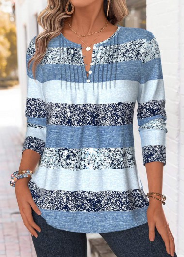 women clothes image of Blue Geometric Print Tuck Stitch Long Sleeve Blouse