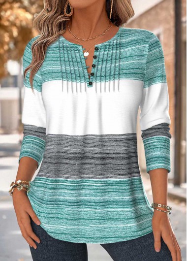 women clothes image of Mint Green Striped Tuck Stitch Long Sleeve T Shirt