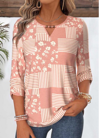 women clothes image of Pink Geometric Print Shirred 3/4 Sleeve Split Neck Blouse