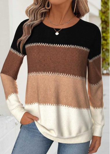 women clothes image of Dark Coffee Striped Patchwork Long Sleeve T Shirt