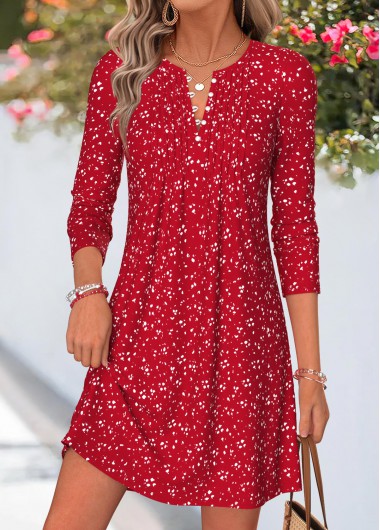 women clothes image of Red Polka Dot Short Tuck Stitch Long Sleeve Dress