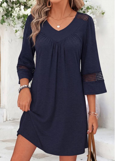 women clothes image of Navy Short Patchwork 3/4 Sleeve V Neck Dress