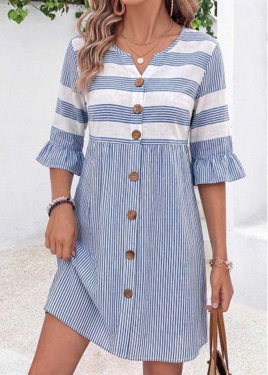 women clothes image of Blue Striped Short Tummy Coverage Half Sleeve Dress